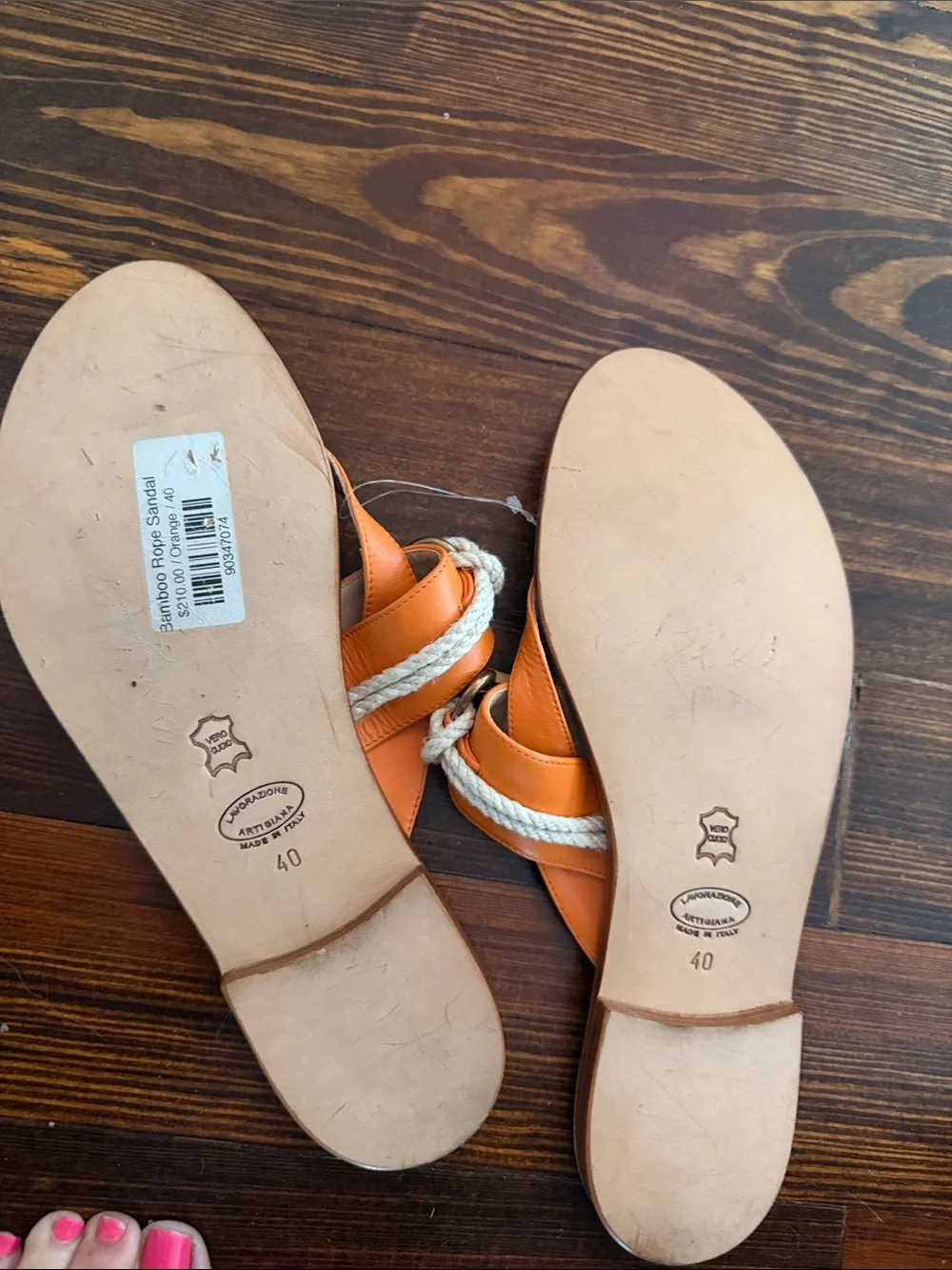 Isabella Fiore Orange Leather Rope-Accent Thong Sandals
